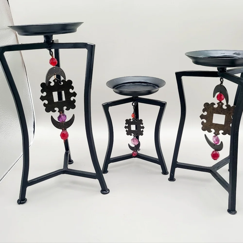 Decorative Black Metal Candle Holders with Red & Pink Accent Charms - Set of 3